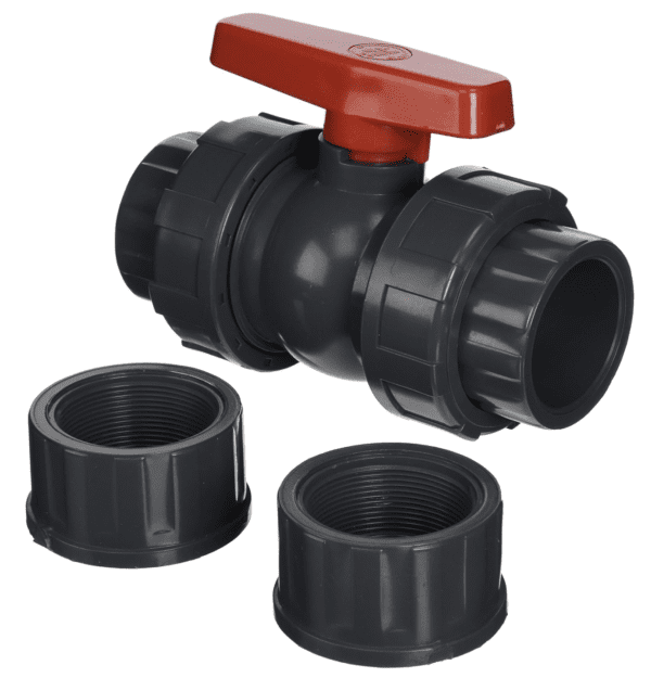 Two Hayward QTA1020CSEG 2-Inch Gray QTA Series True Union PVC Compact Ball Valves with EPDM O-Rings.